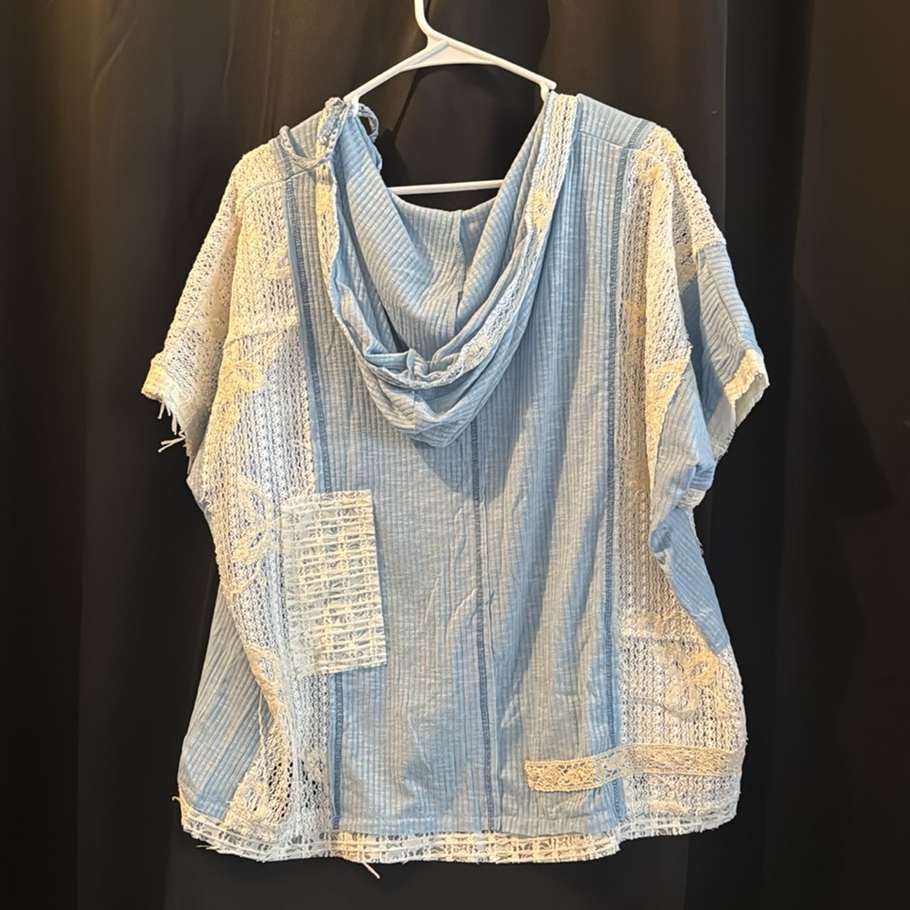 POL V-neck hoodie, relaxed fit top lace embroidered Various sizes BLUE - Picture 9 of 9
